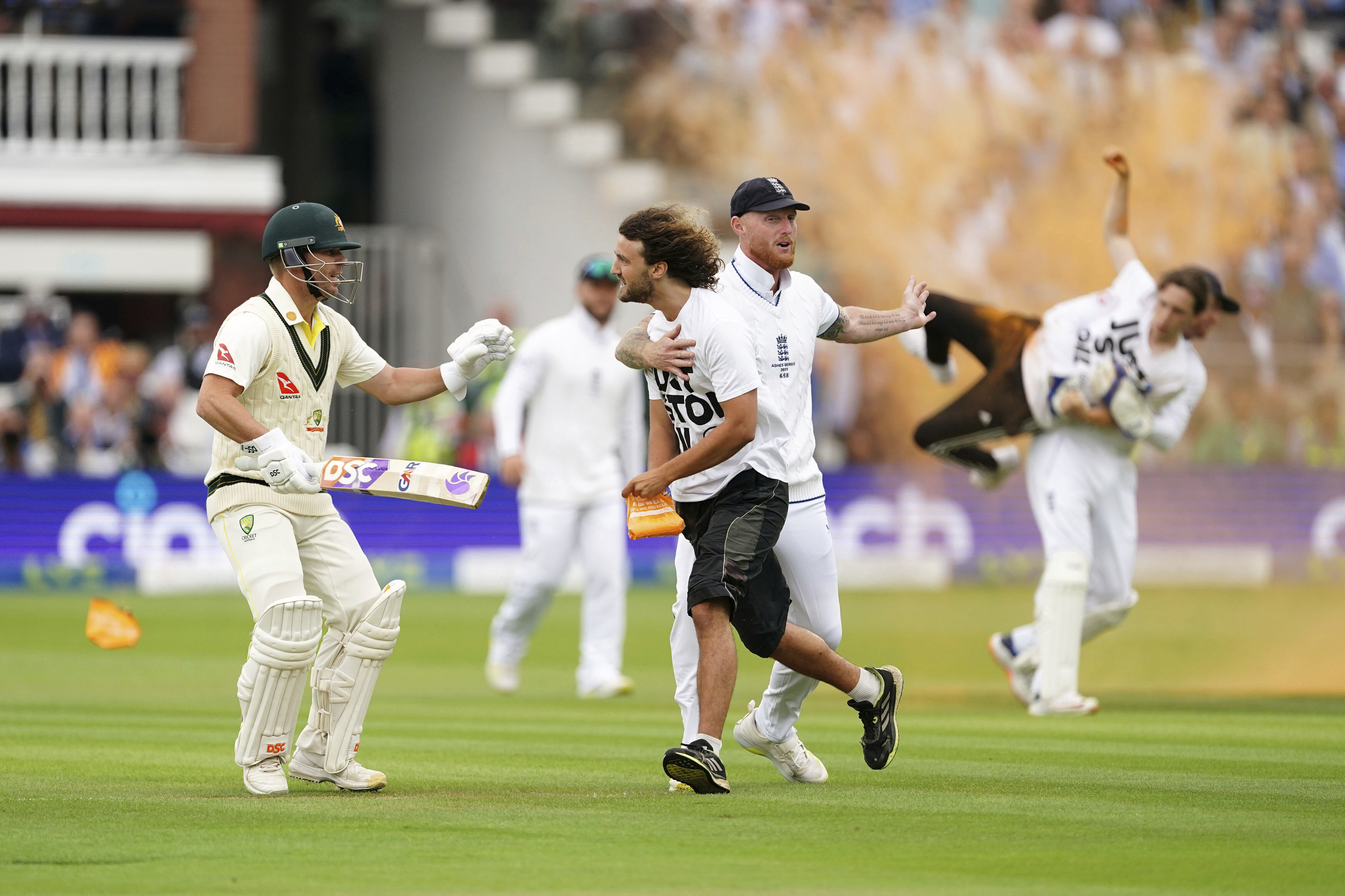 Australia's David Warner and England's Ben Stokes confront protesters on a cricket pitch.