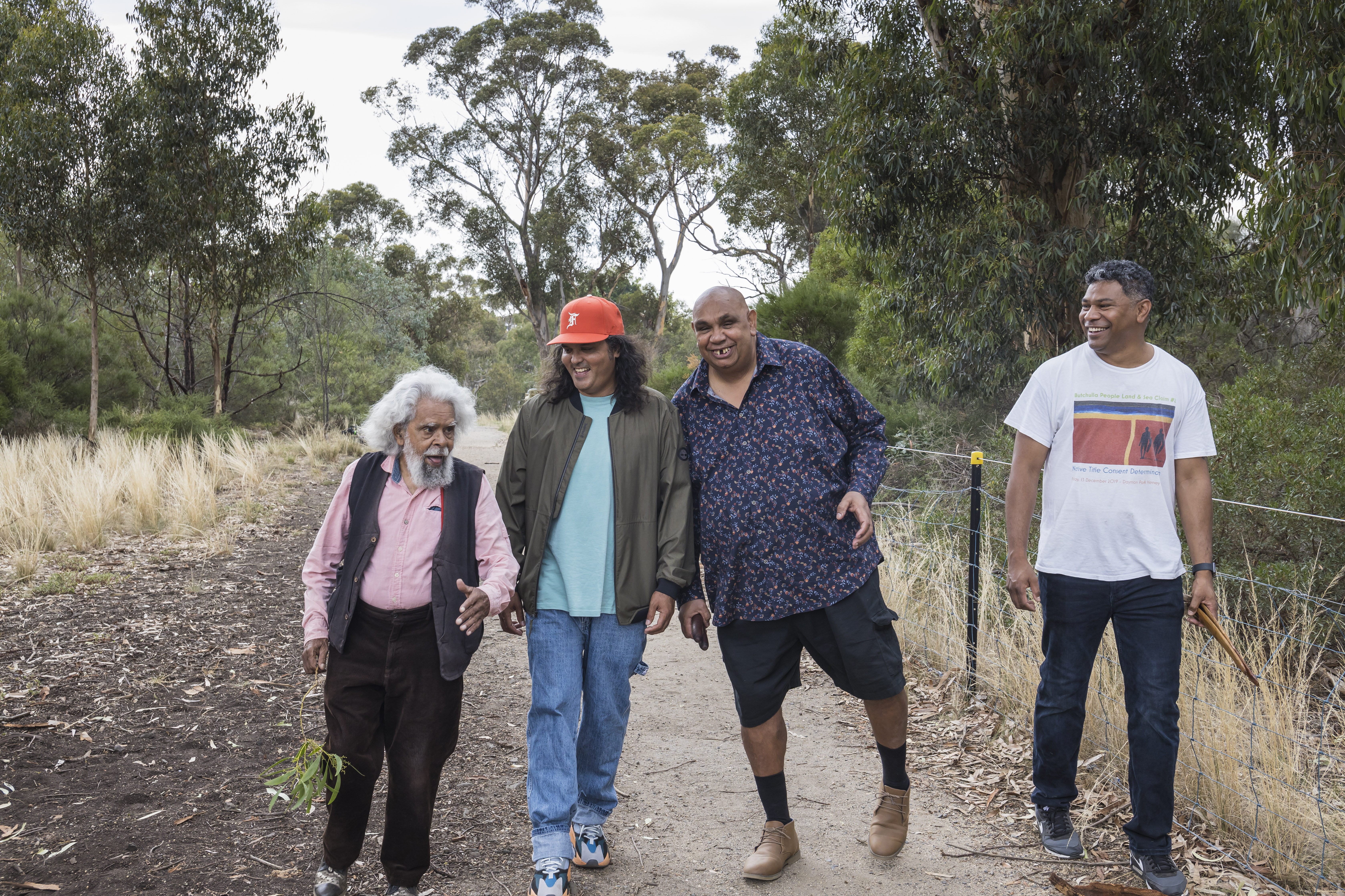 Kutcha's Koorioke_all_cast-Uncle Jack Charles, Birdz , Kutcha Edwards and Fred Leone at Burnley Park.jpg