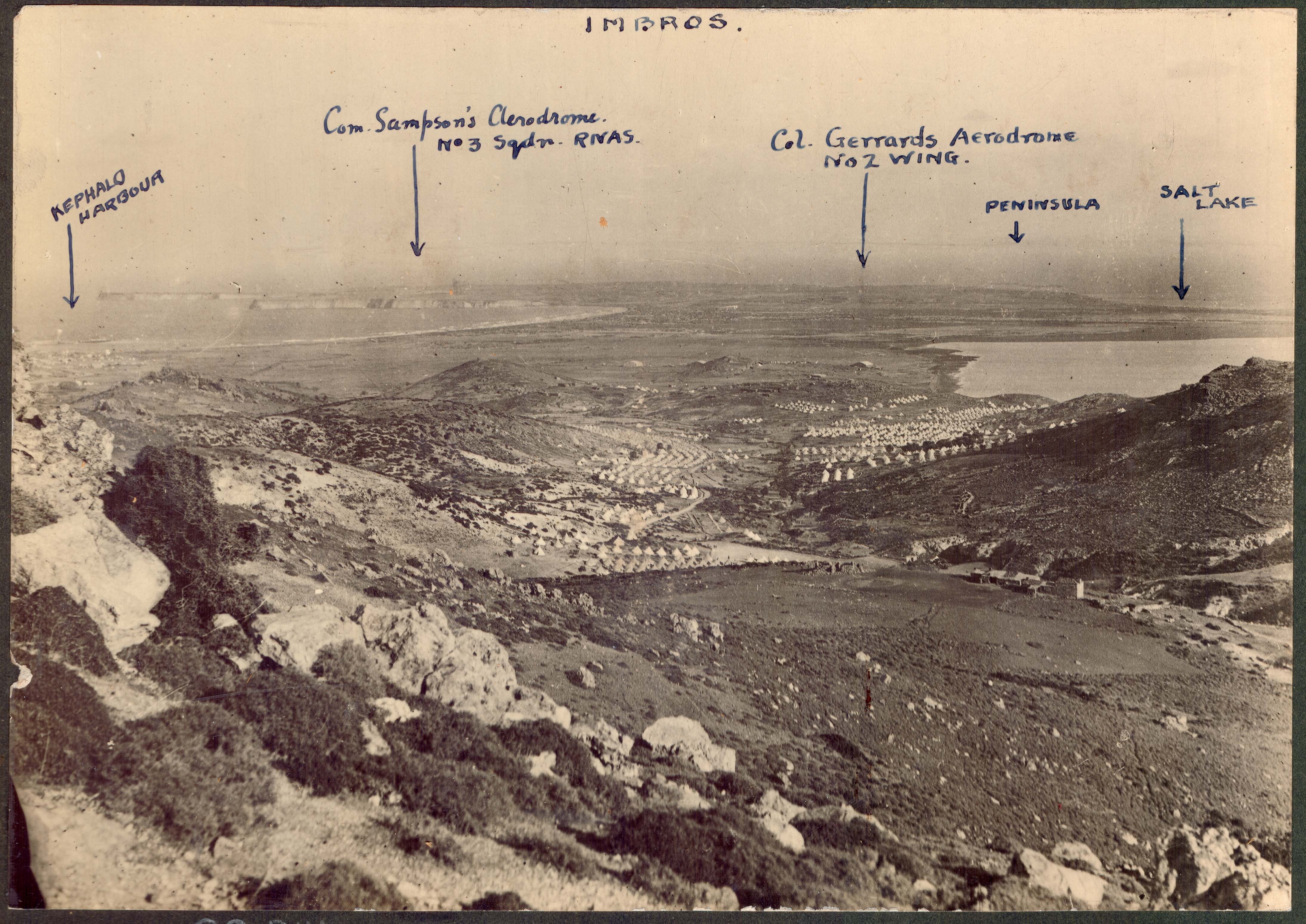 It’s the new road heading down toward Kephalos Bay. If we stood there in 1915 they would see the tents of the soldier rest camps, the headquarters, warships in the bay, an airfield