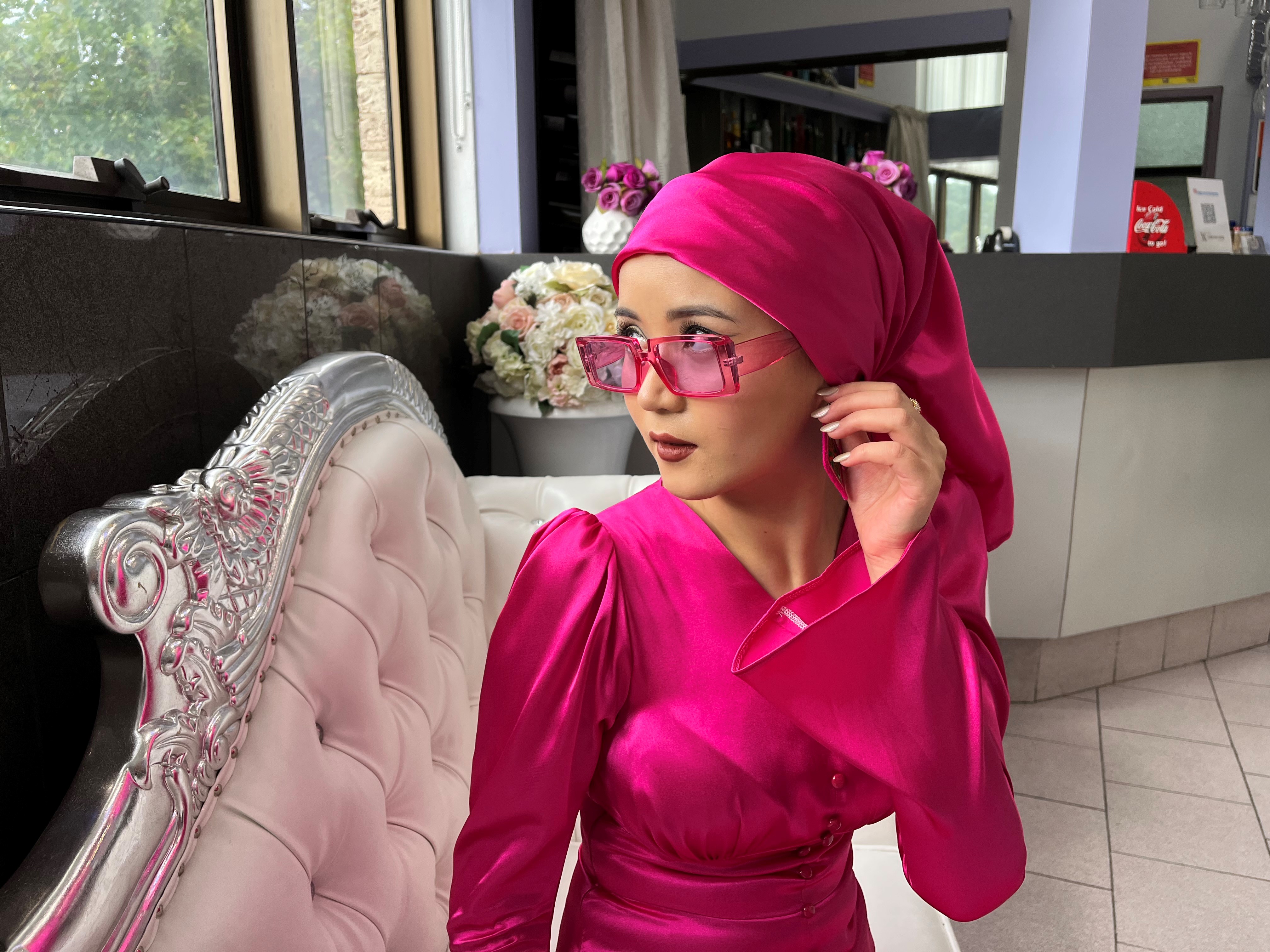 Model Nargis Nazari in a fully pink modest outfit