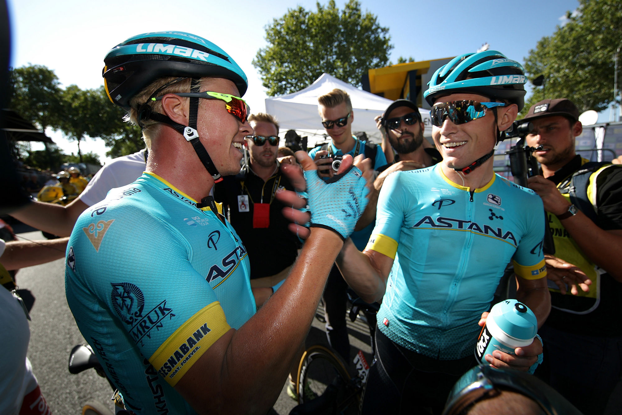 Premeditated... Astana Pro Team's Michael Valgren (L) and Magnus Cort after the latter's victory in Carcassonne.