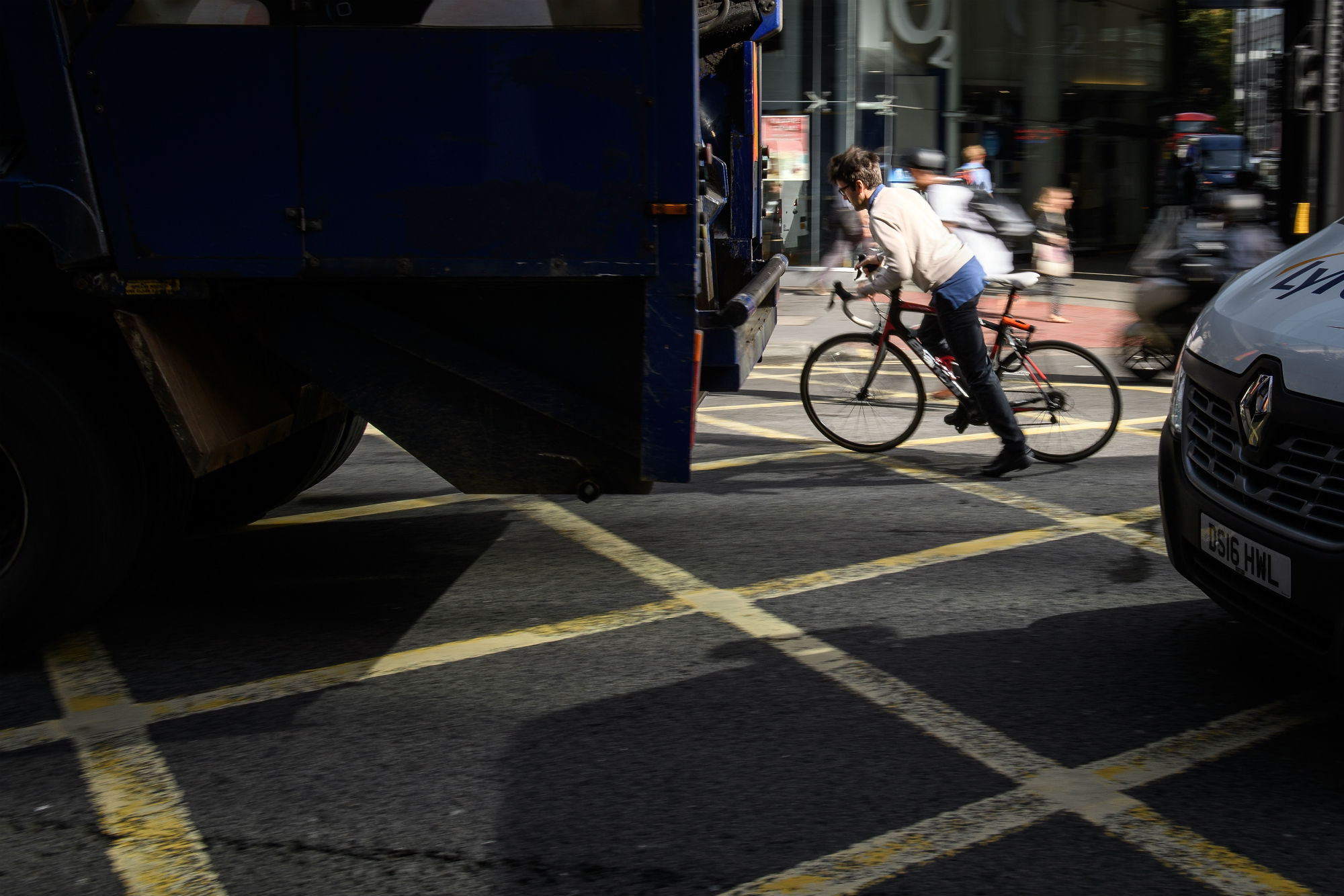 Little separates cyclist from car or truck in many streets in central London.