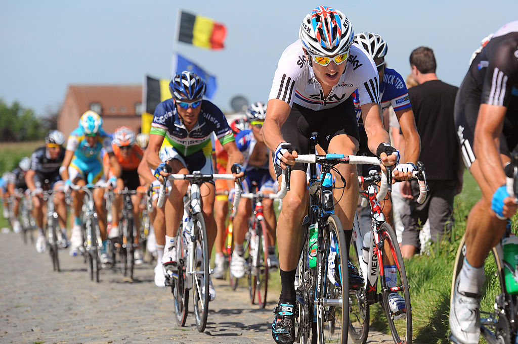 Geraint Thomas attacks the cobbles during the 2010 season 