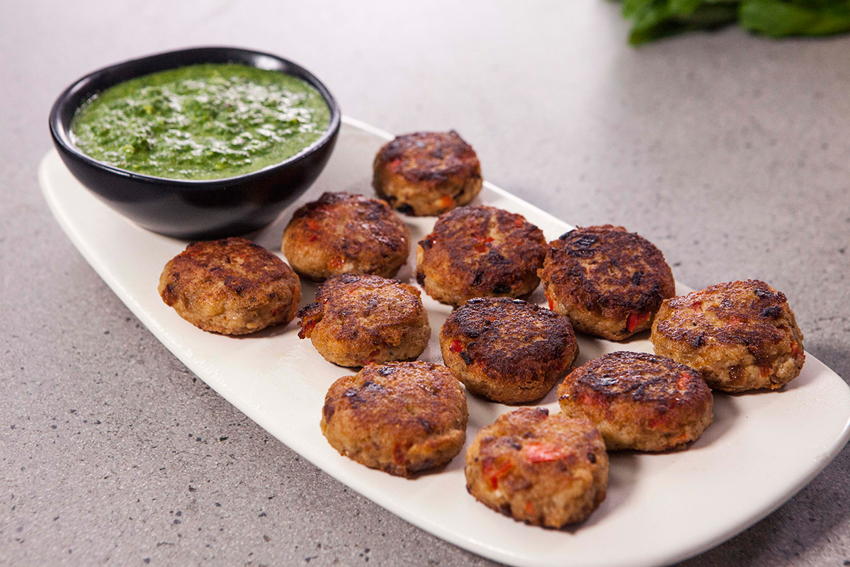 Savoury yoghurt kebabs and basil chutney 