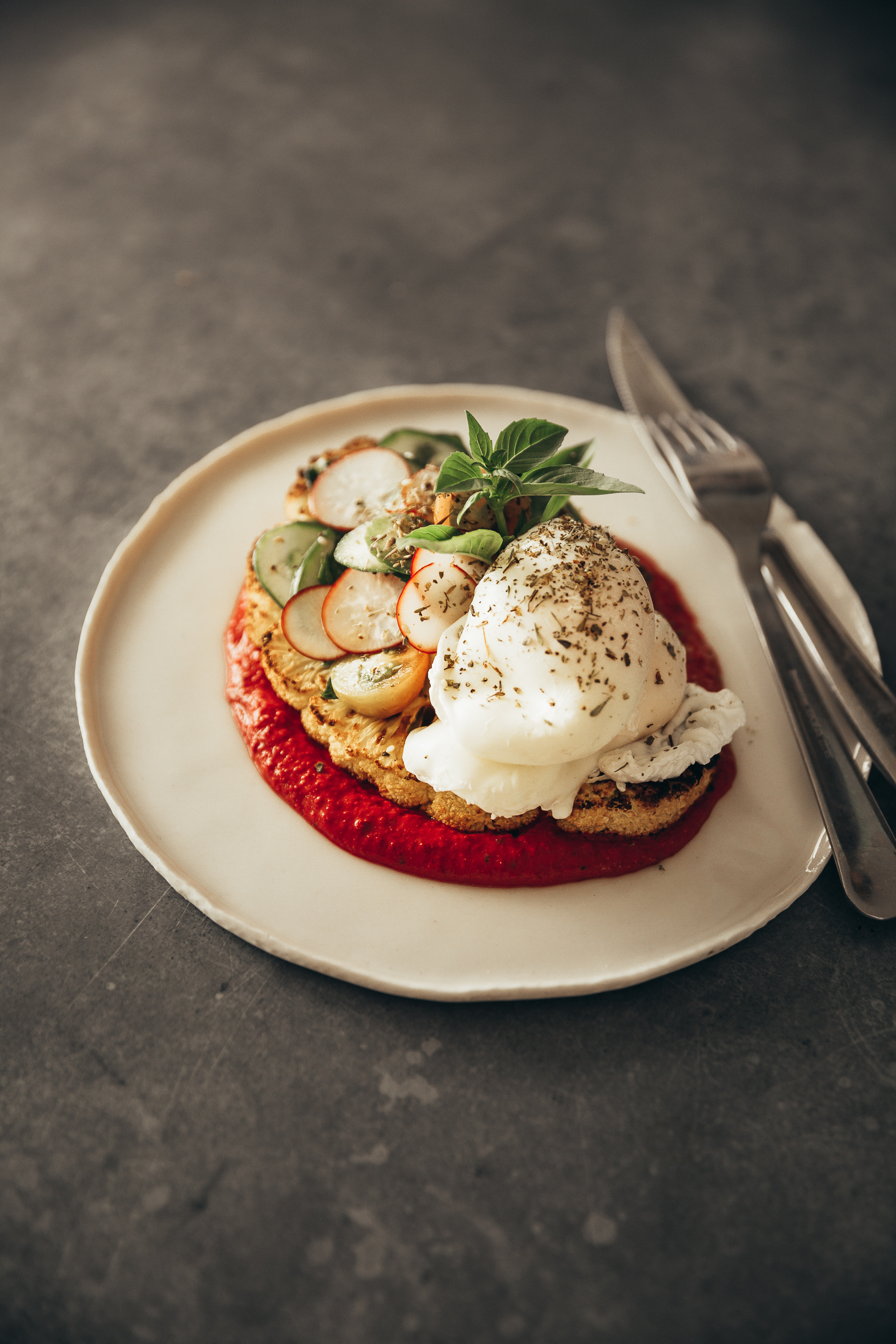 Cauliflower steak with beet hummus