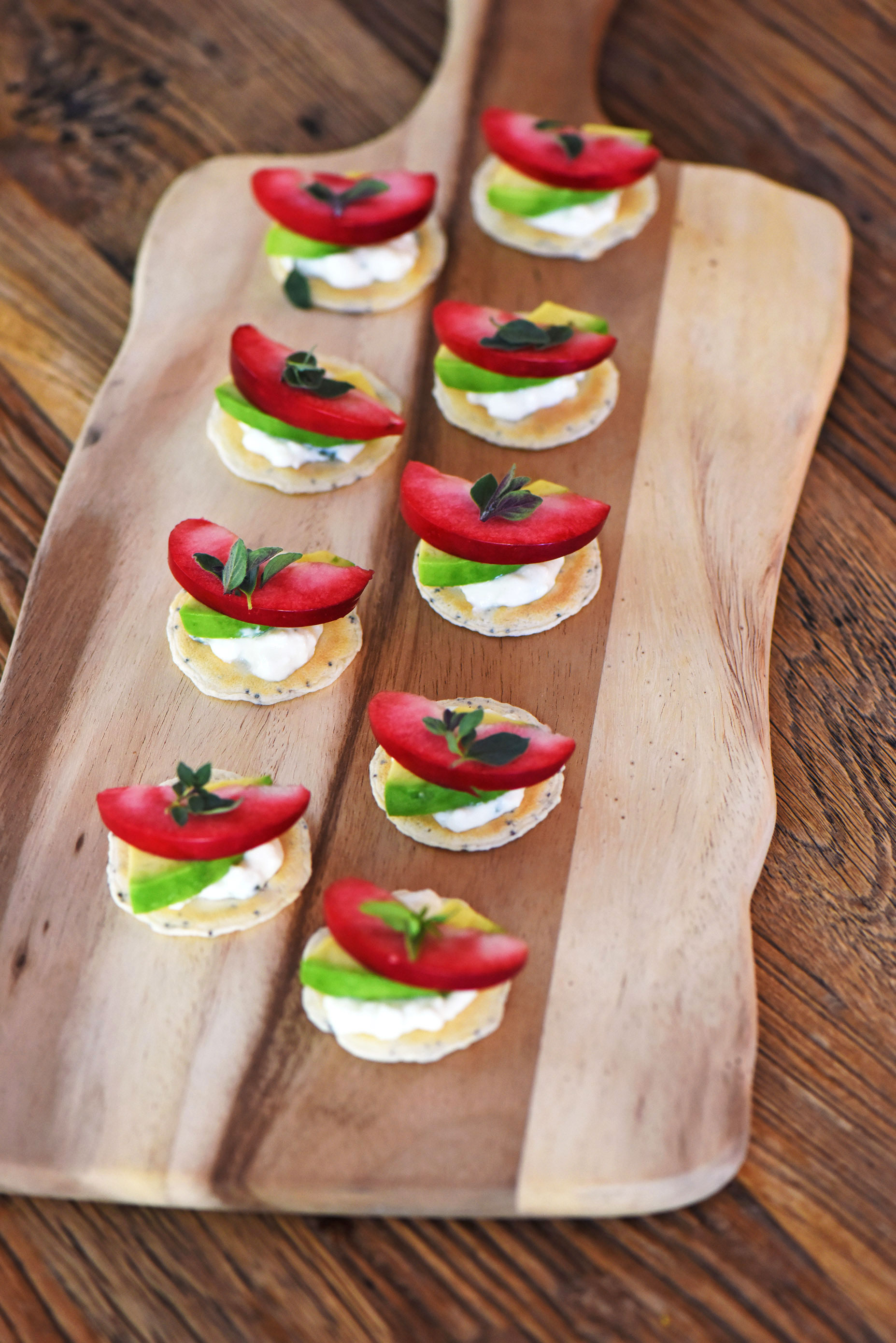 Redlove apples, served on biscuits with avocado and cheese.