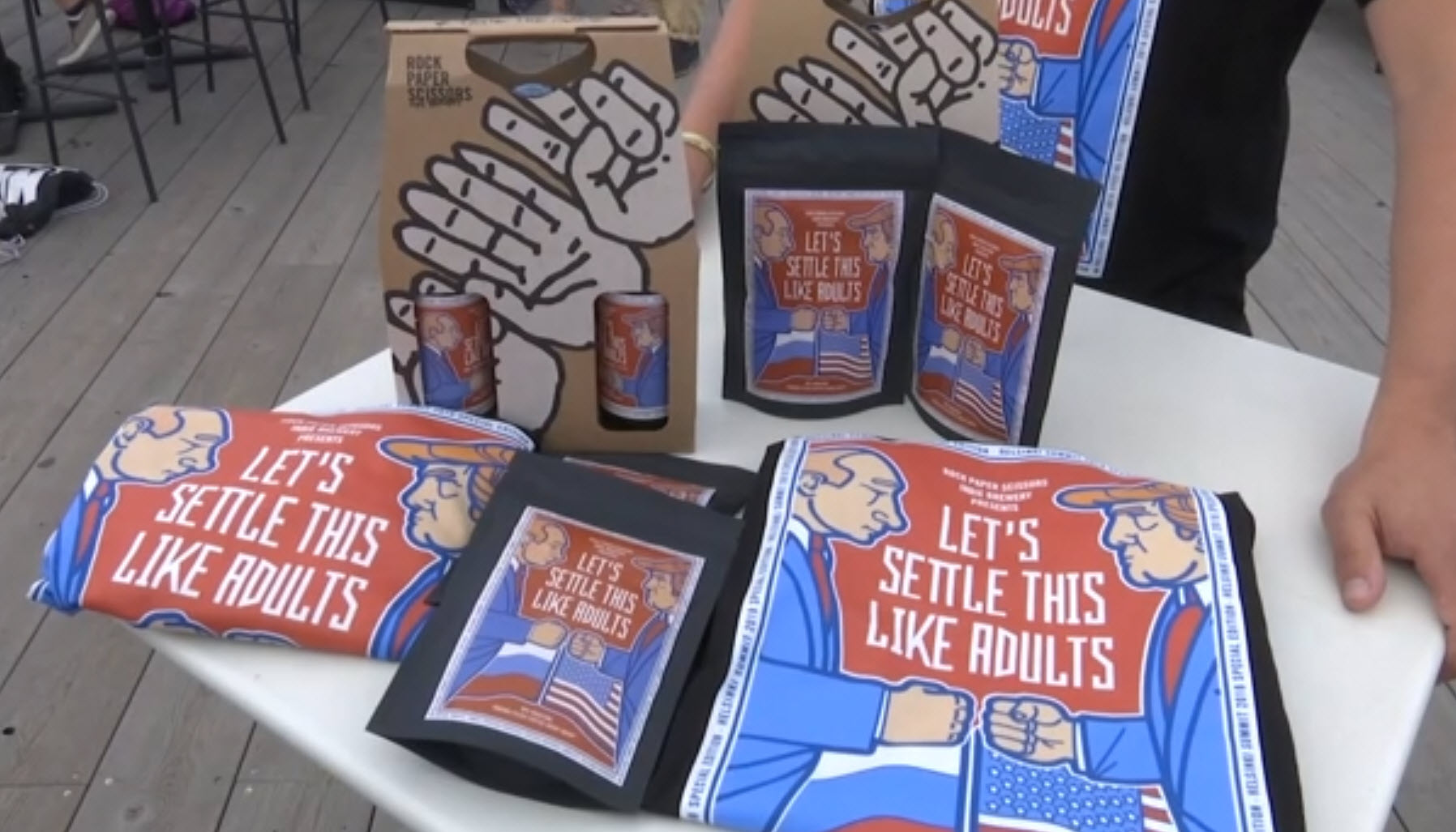 Various merchandise made by the Rock Paper Scissors Brewing company.