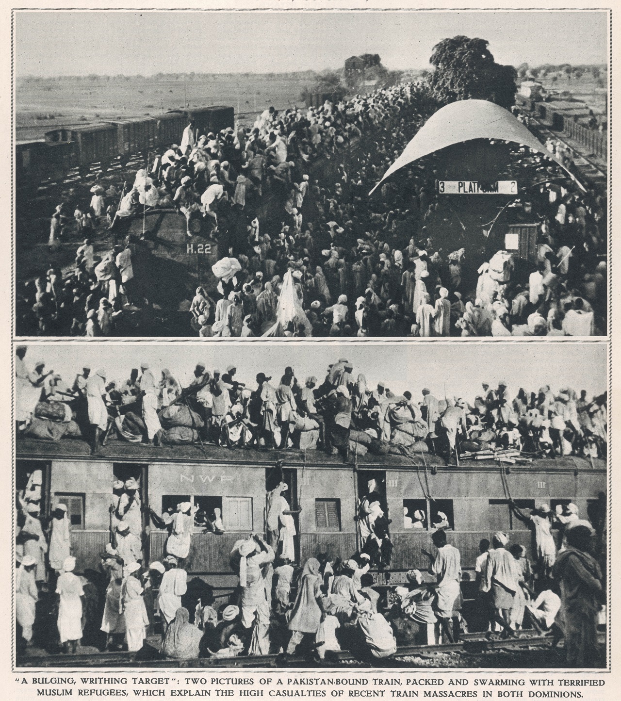 Two trains packed with Muslim refugees en route from Delhi to Pakistan. Date: 1947