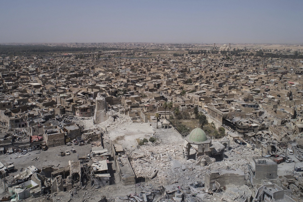 Aerial view of the destroyed al-Nuri mosque during fighting between Iraqi security forces and IS in the Old City of Mosul, Iraq,