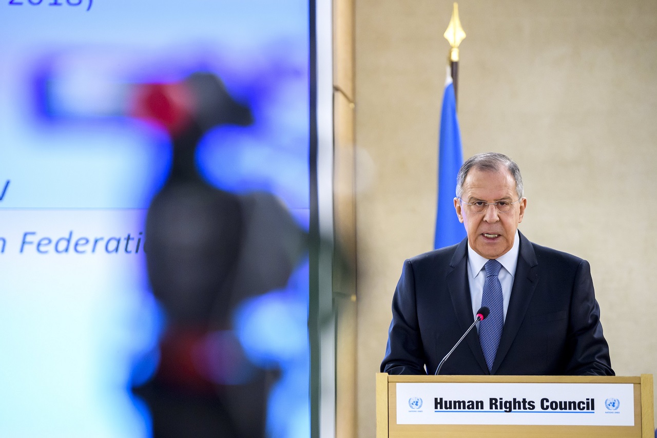 Russian Foreign Minister Sergey Lavrov delivers a speech during the 37th session of the Human Rights Council in Geneva.