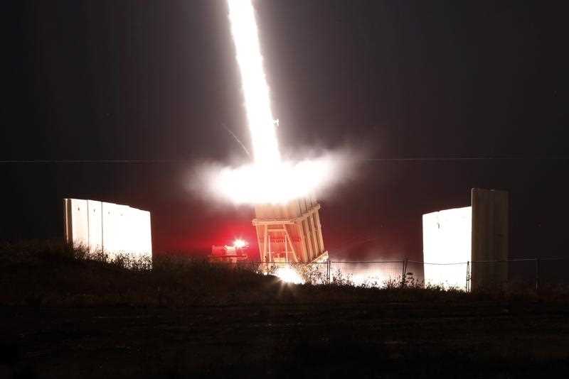 A long exposure captures the Israeli iron dome anti missile system in action. 
