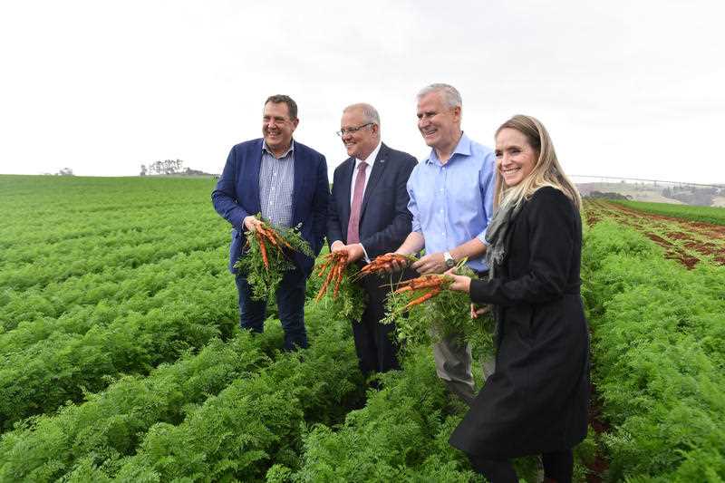 Prime Minister Scott Morrison, Deputy Prime Minister Michael McCormack and Nationals candidate for Braddon Sally Milbourne at Premium Fresh farm 
