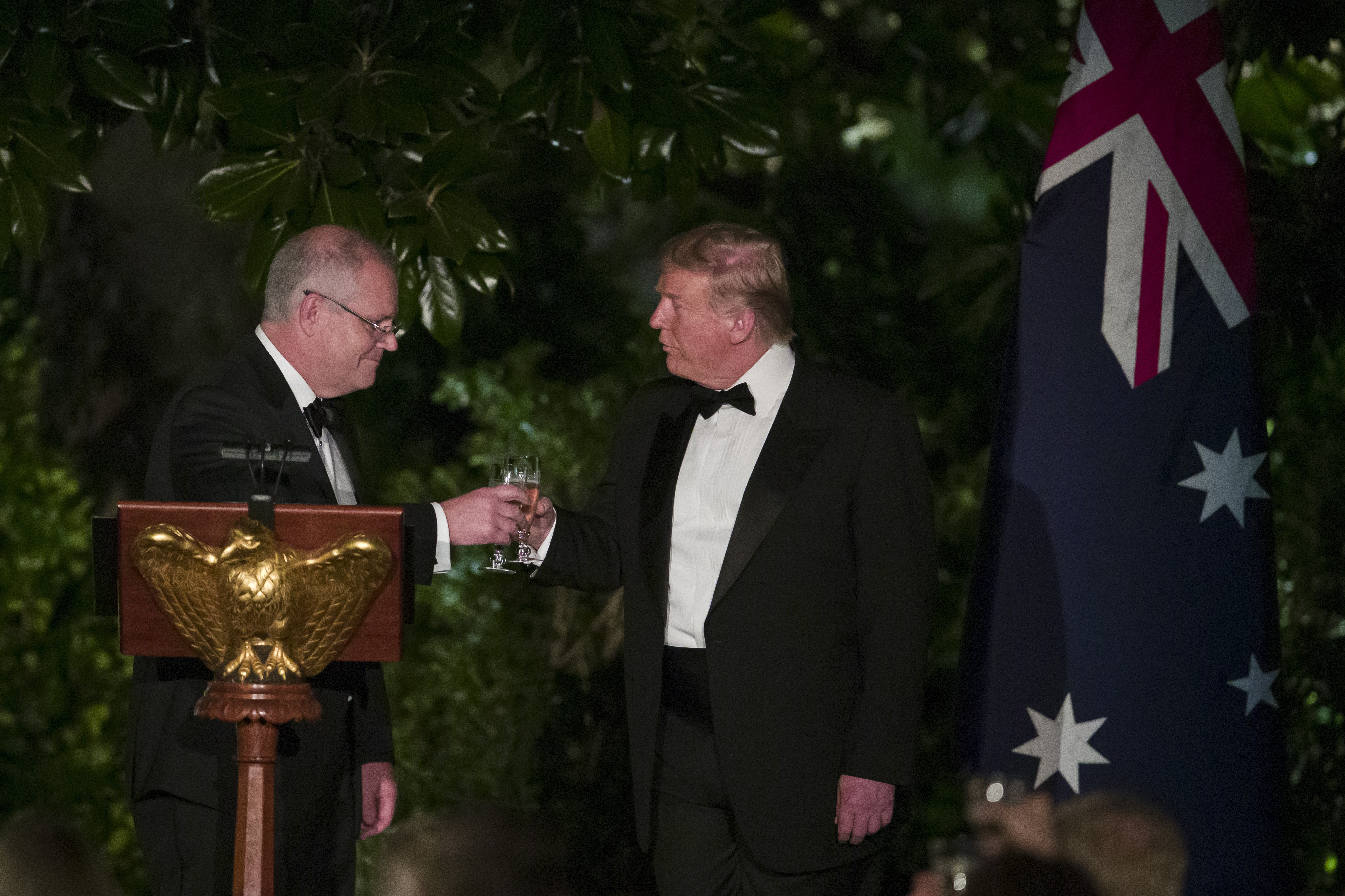 Australian Prime Minister Scott Morrison toasts President Donald Trump during a State Dinner in the Rose Garden at the White House, Friday, Sept. 20, 2019, in Washington. (AP Photo/Alex Brandon)