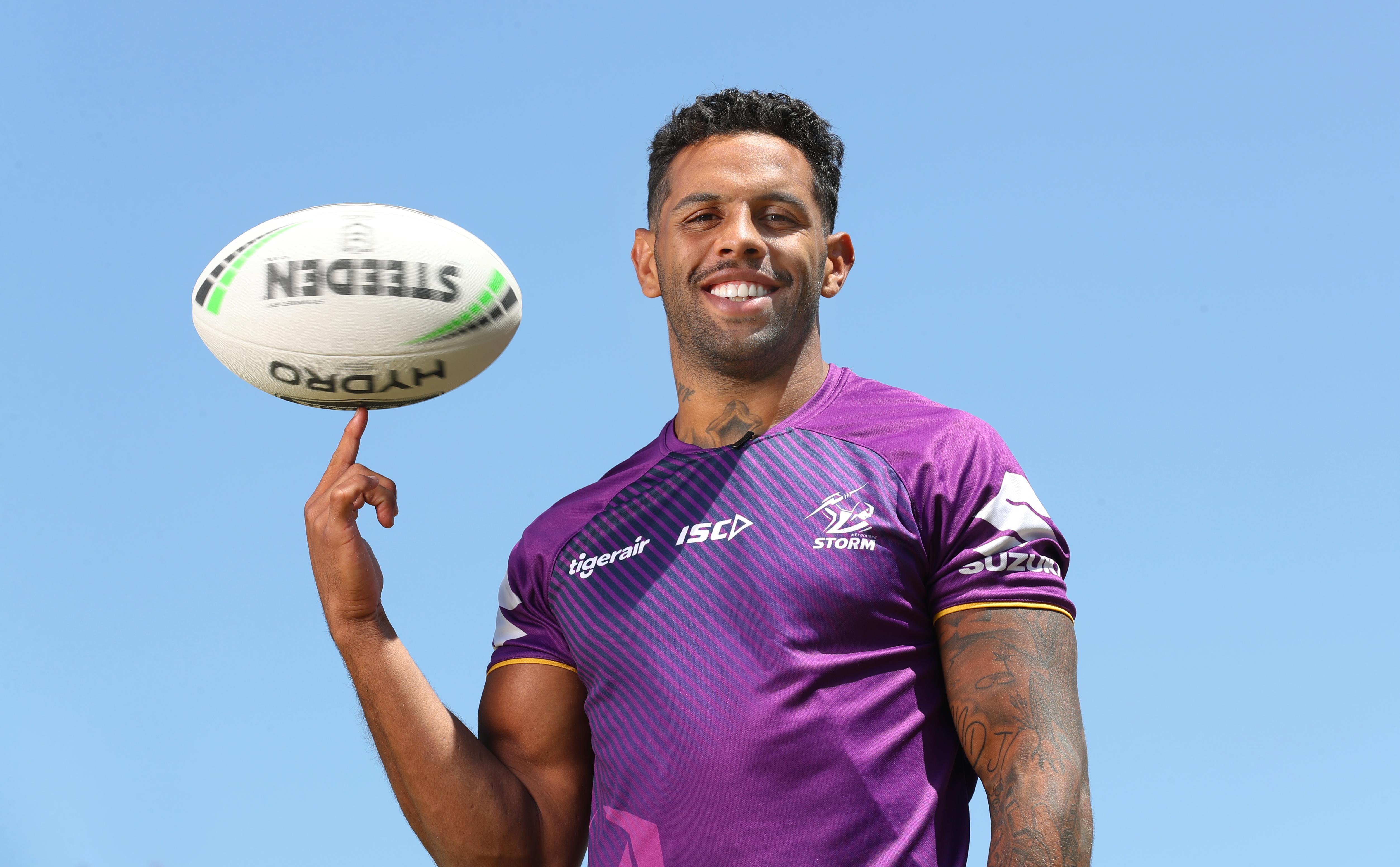 Melbourne Storm player Josh Addo-Carr poses for a photo in Melbourne, Tuesday, February 4, 2020. He has announced he will leave Melbourne Storm at the end of the upcoming season. (AAP Image/David Crosling) NO ARCHIVING