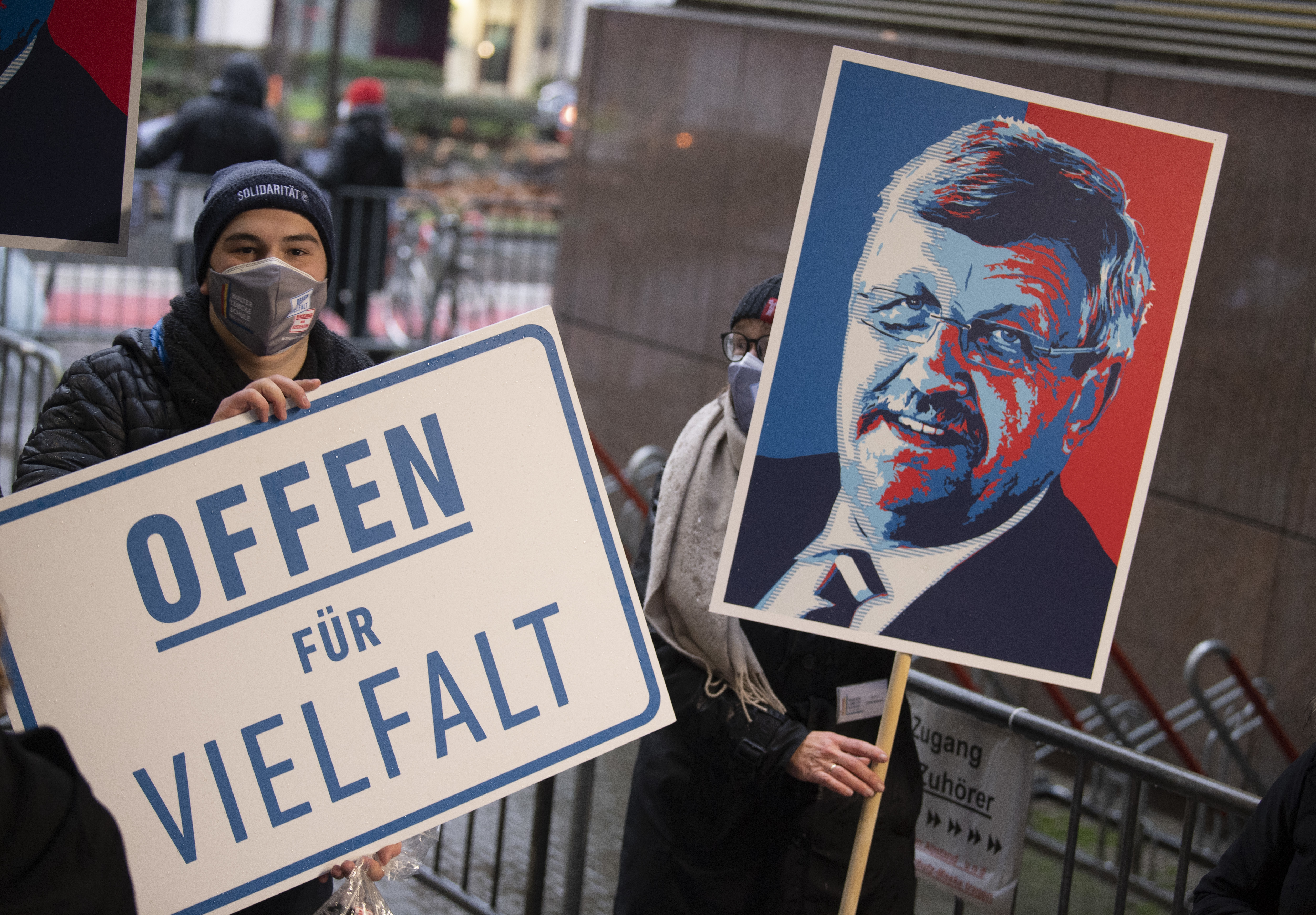 A demonstration in front of the district court ahead of the announcement of the verdict in the murder trial of Walter Luebcke.