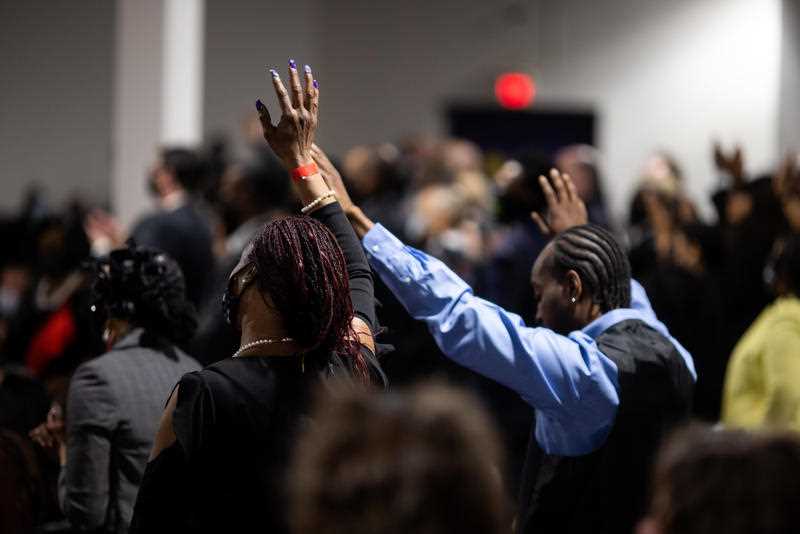 Community members pay their respects during the funeral of Daunte Wright on 22 April, 2021 at the Shiloh Temple International Ministries in Minneapolis.