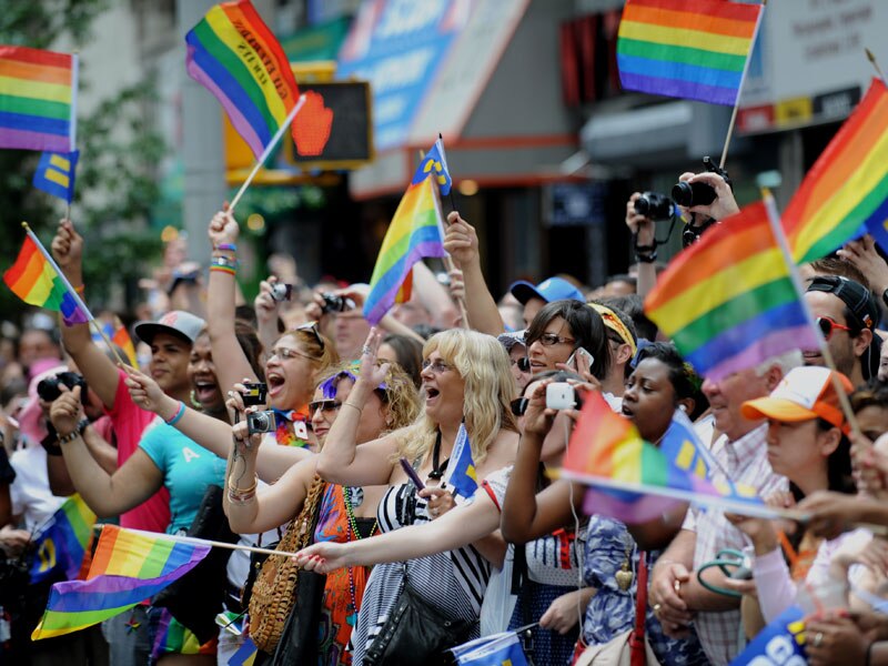 Spectators cheer during the New York City gay pride march.
