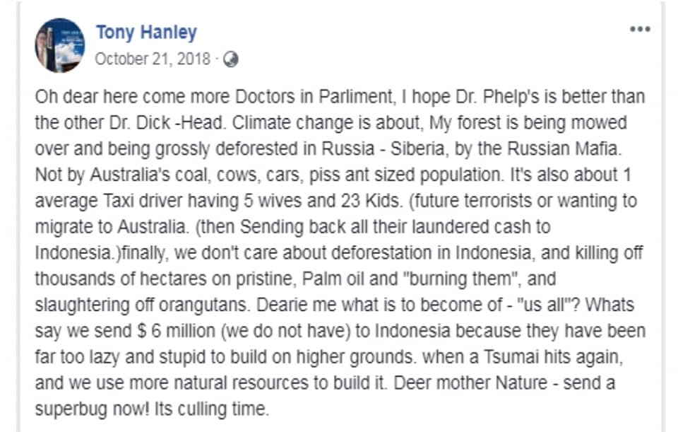 A Facebook post with profile name Tony Hanley