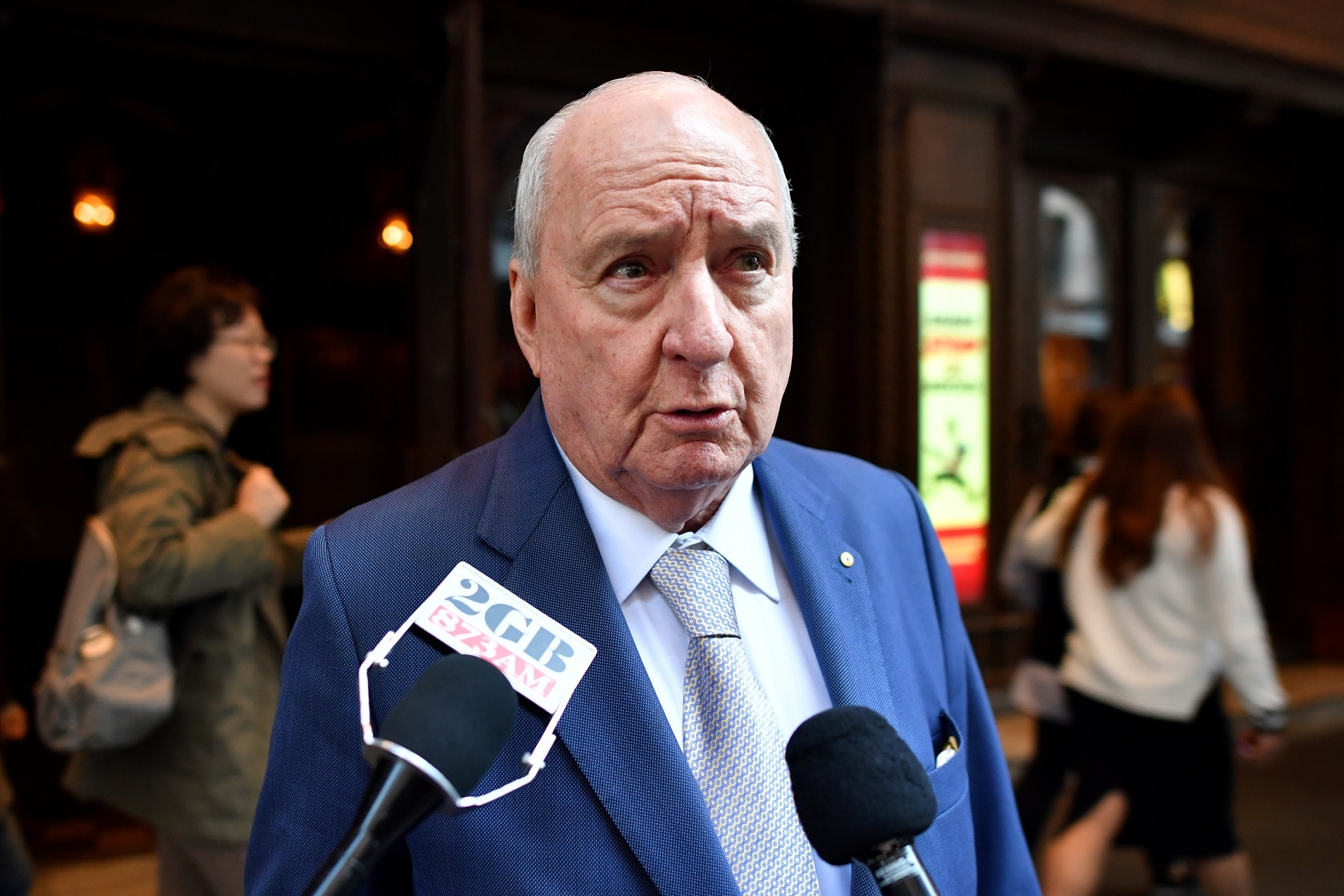 Alan Jones speaks to the media at the memorial of Harry M Miller at the Capitol Theatre in Sydney, Friday, August 3, 2018. (AAP Image/Joel Carrett) NO ARCHIVING