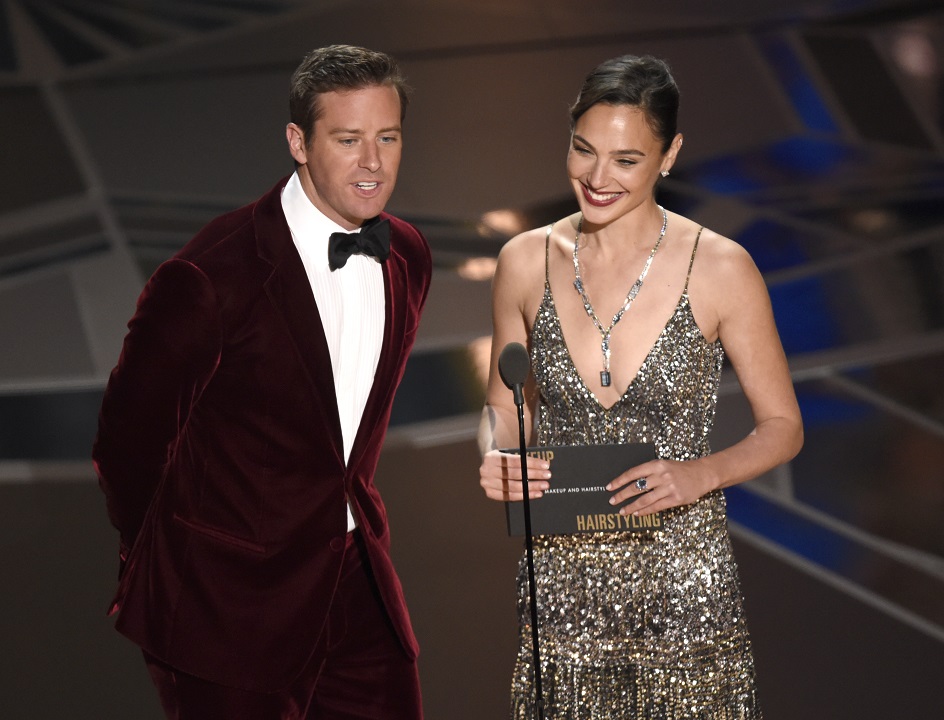 Armie Hammer, left, and Gal Gadot present the award for best makeup and hairstyling at the Oscars on Sunday, 4 March, 2018.