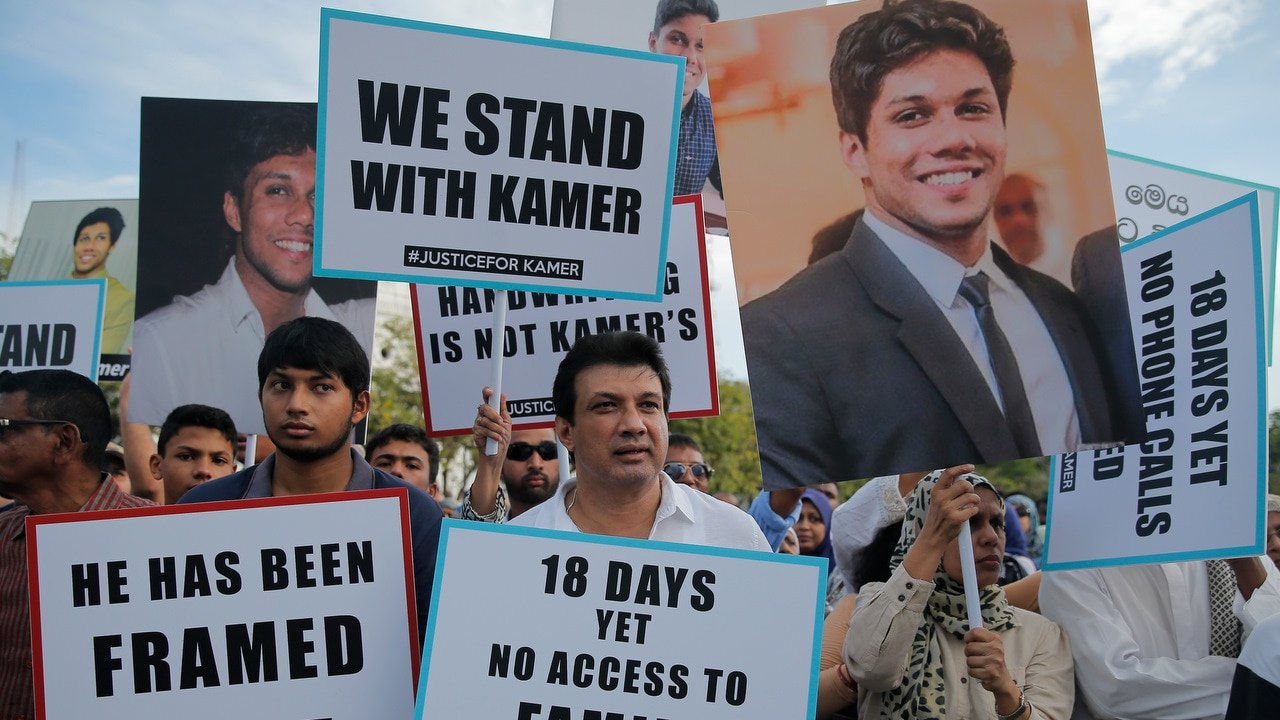 Demonstrations were held in Mohamed Kamer Nilar Nizamdeen's hometown of Colombo, calling for his release.