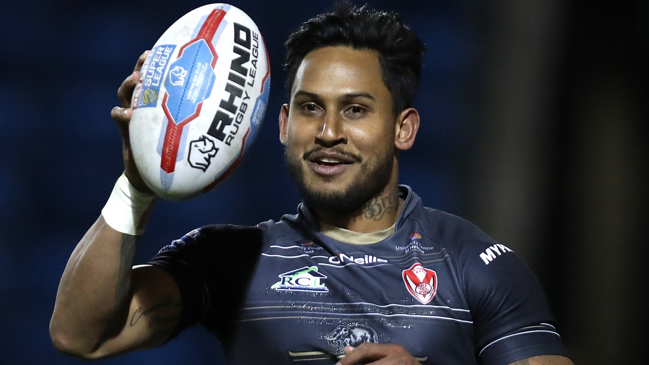 Ben Barba celebrates after scoring his third try of the game during the Betfred Super League match at the AJ Bell Stadium, Salford.