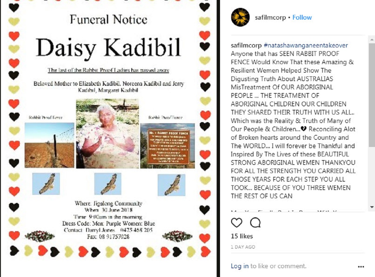 Daisy Kadilbil, the last of the Rabbit-Proof Fence sisters, has died.