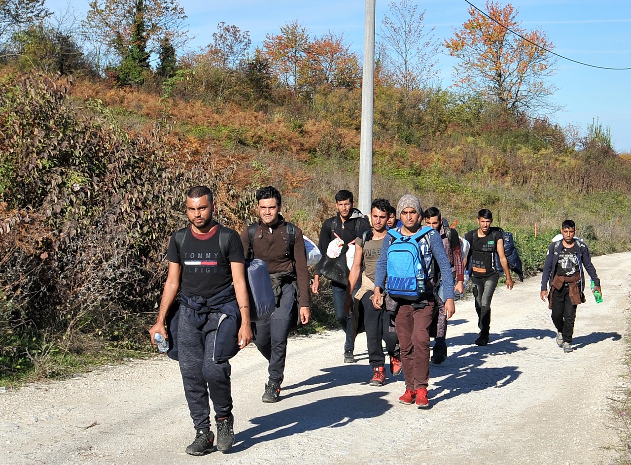 A group of migrants attempt to cross into Croatia.