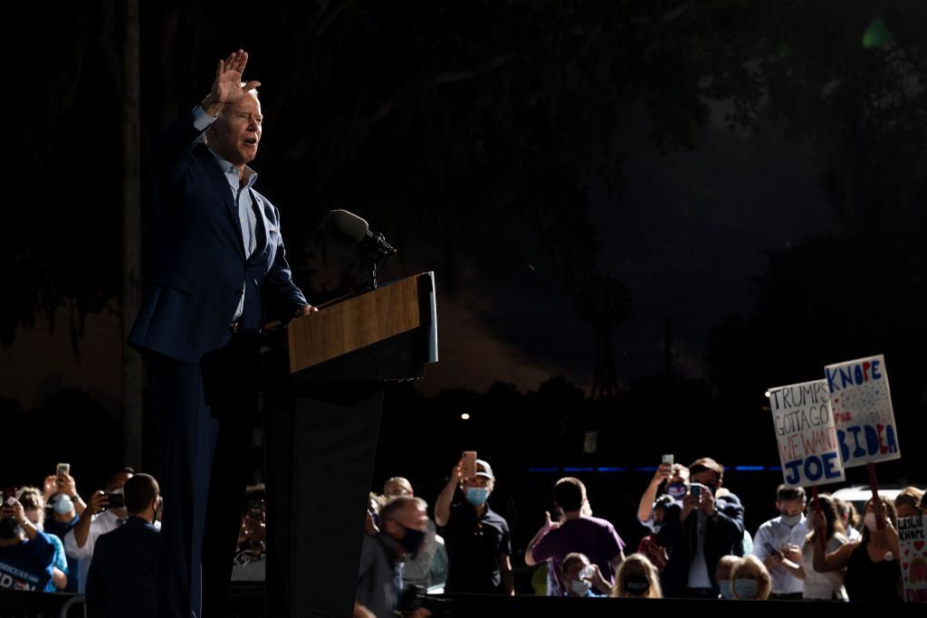 Former vice-president and Democratic presidential nominee Joe Biden delivers remarks during a drive-In event in Tampa, Florida.