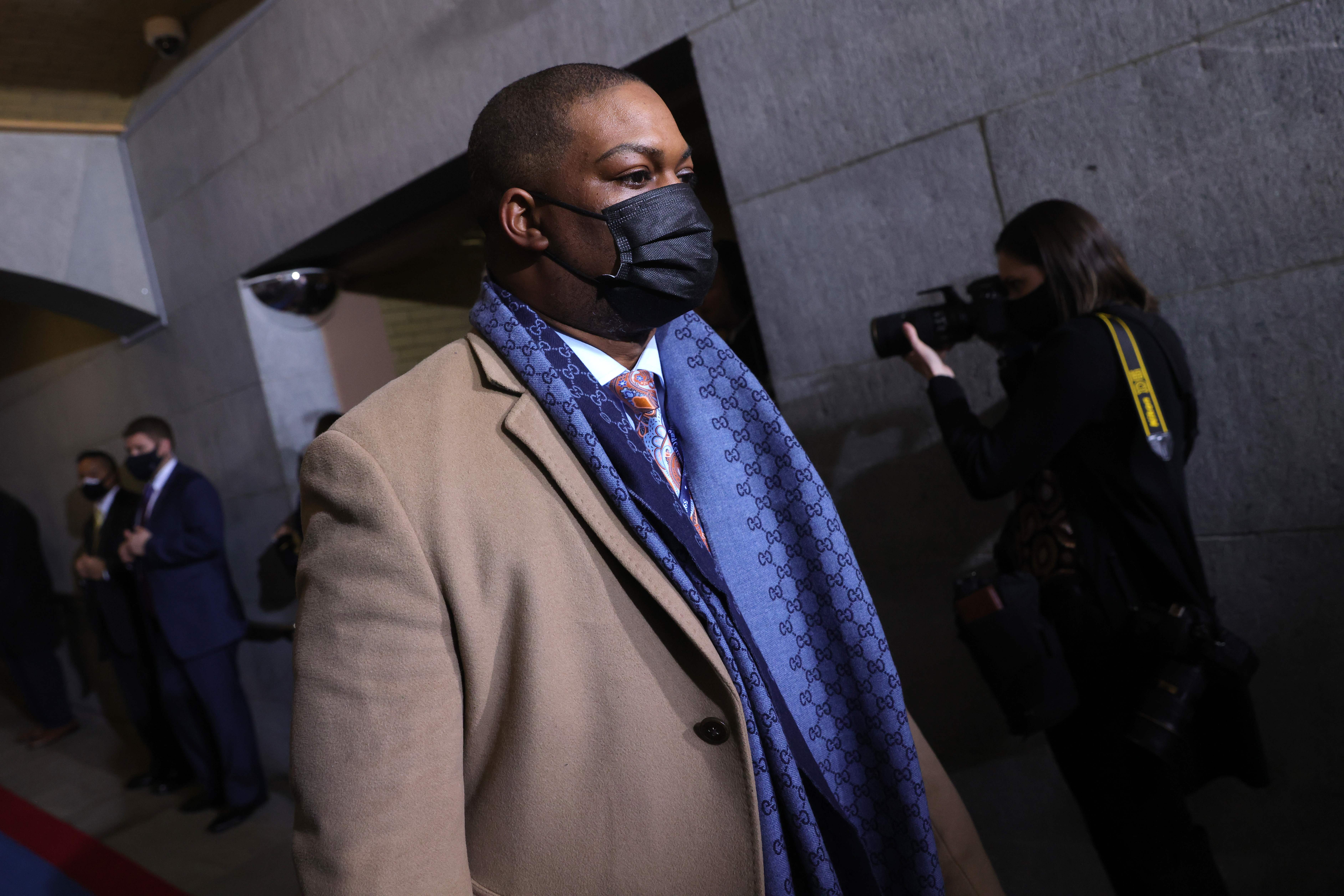 US Capitol Police Officer Eugene Goodman arrives at the inauguration. 