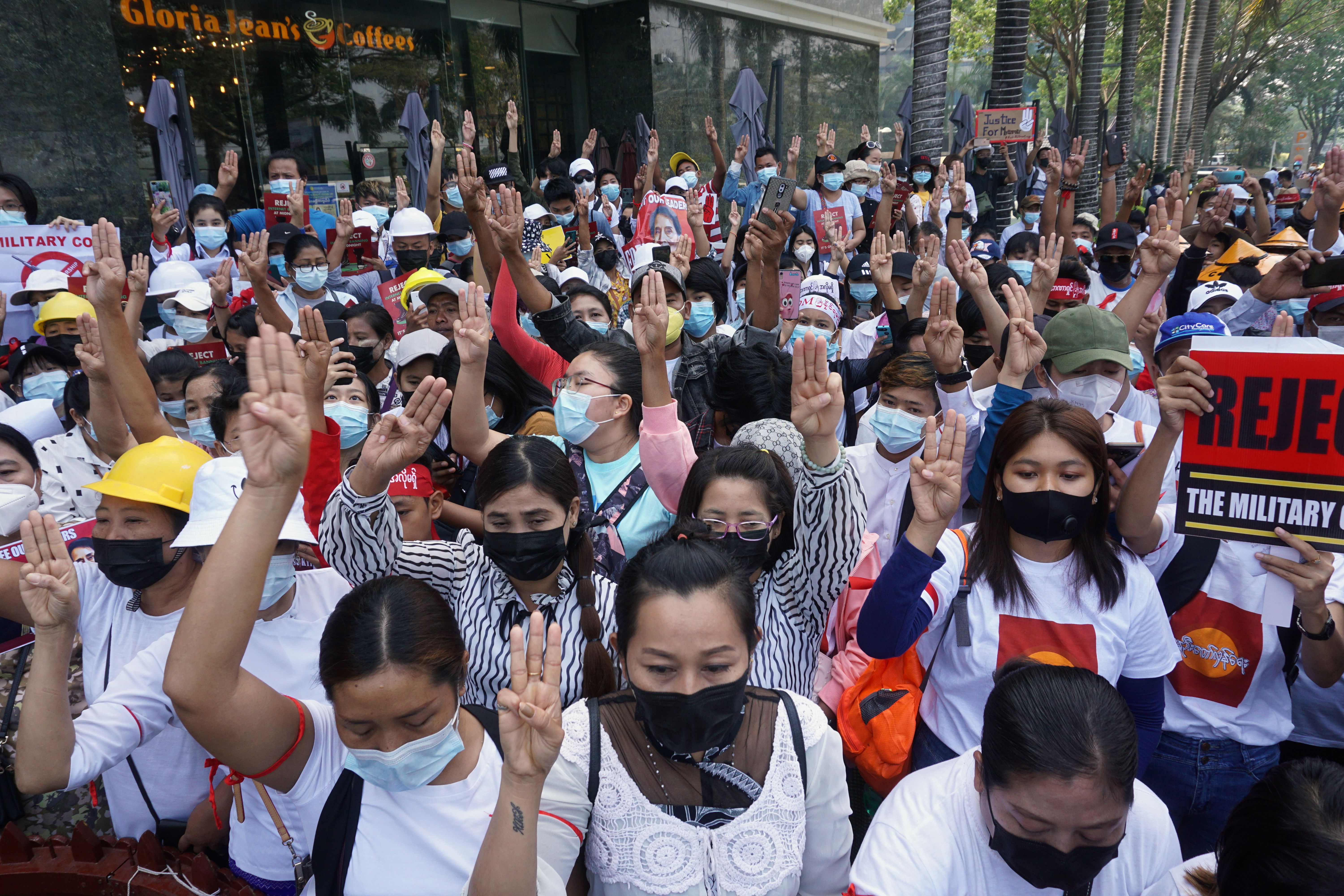 Myanmar police have shot and killed two protesters and wounded several as they cracked down in a bid to end weeks of demonstrations.