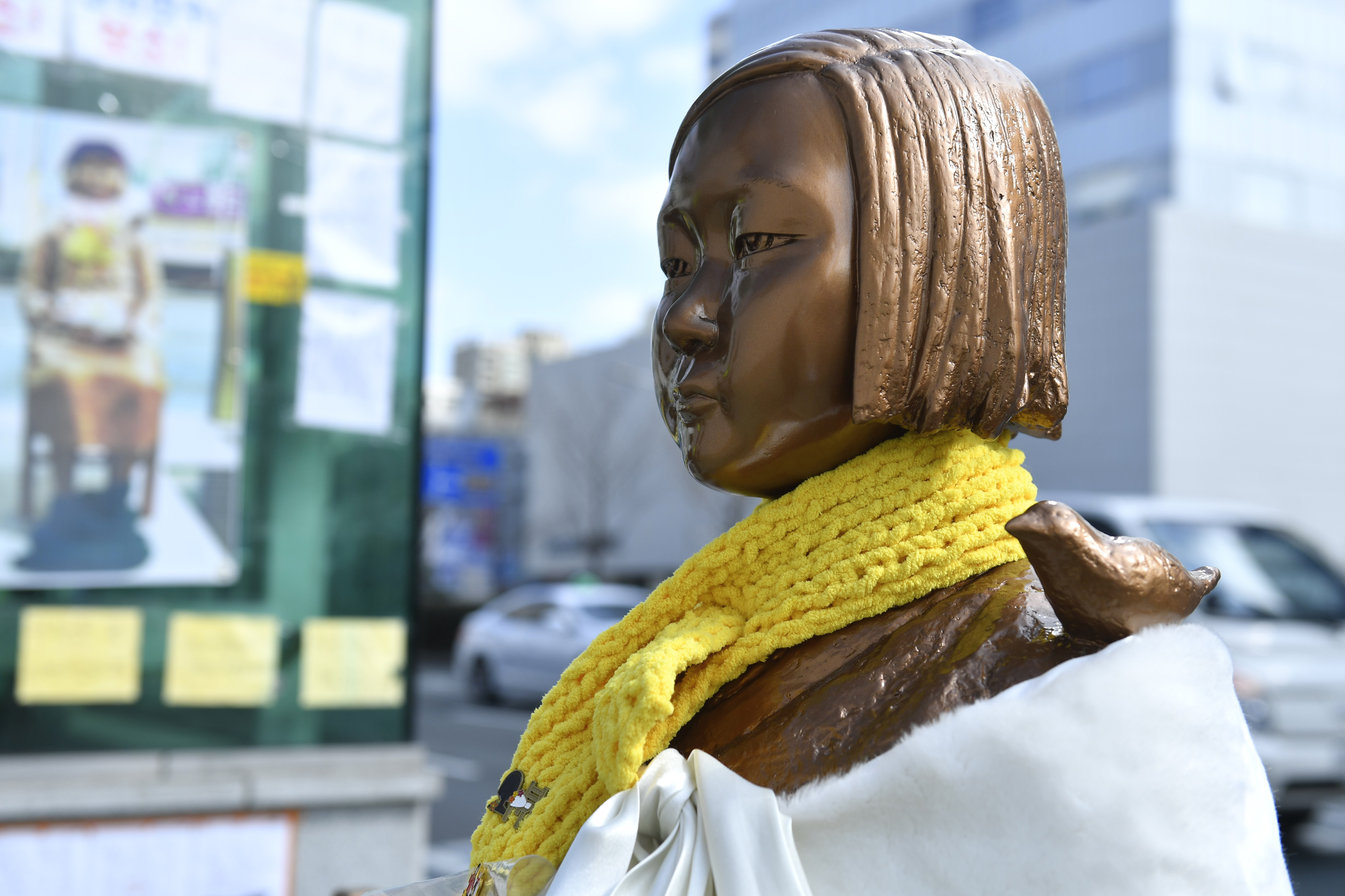 The statue of a girl who is symbolic of 'comfort women' is seen in front of the Japanese consulate-general in Busan, South Korea.