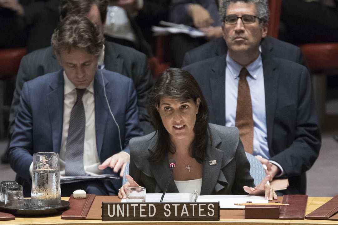 U.S. Ambassador to the United Nations Nikki Haley speaks during a Security Council meeting on the situation between the Israelis and the Palestinians, Friday, June 1, 2018 at United Nations headquarters. (AP Photo/Mary Altaffer)