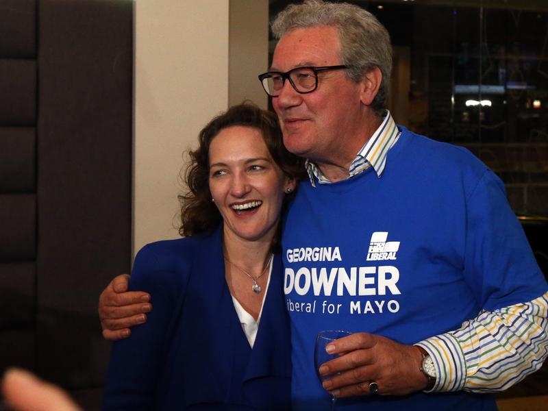 Liberal candidate Georgina Downer with her father Alexander after she conceded defeat in Mayo. 