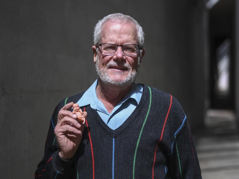 Anti-abortion activist John Preston poses with a model of a foetus