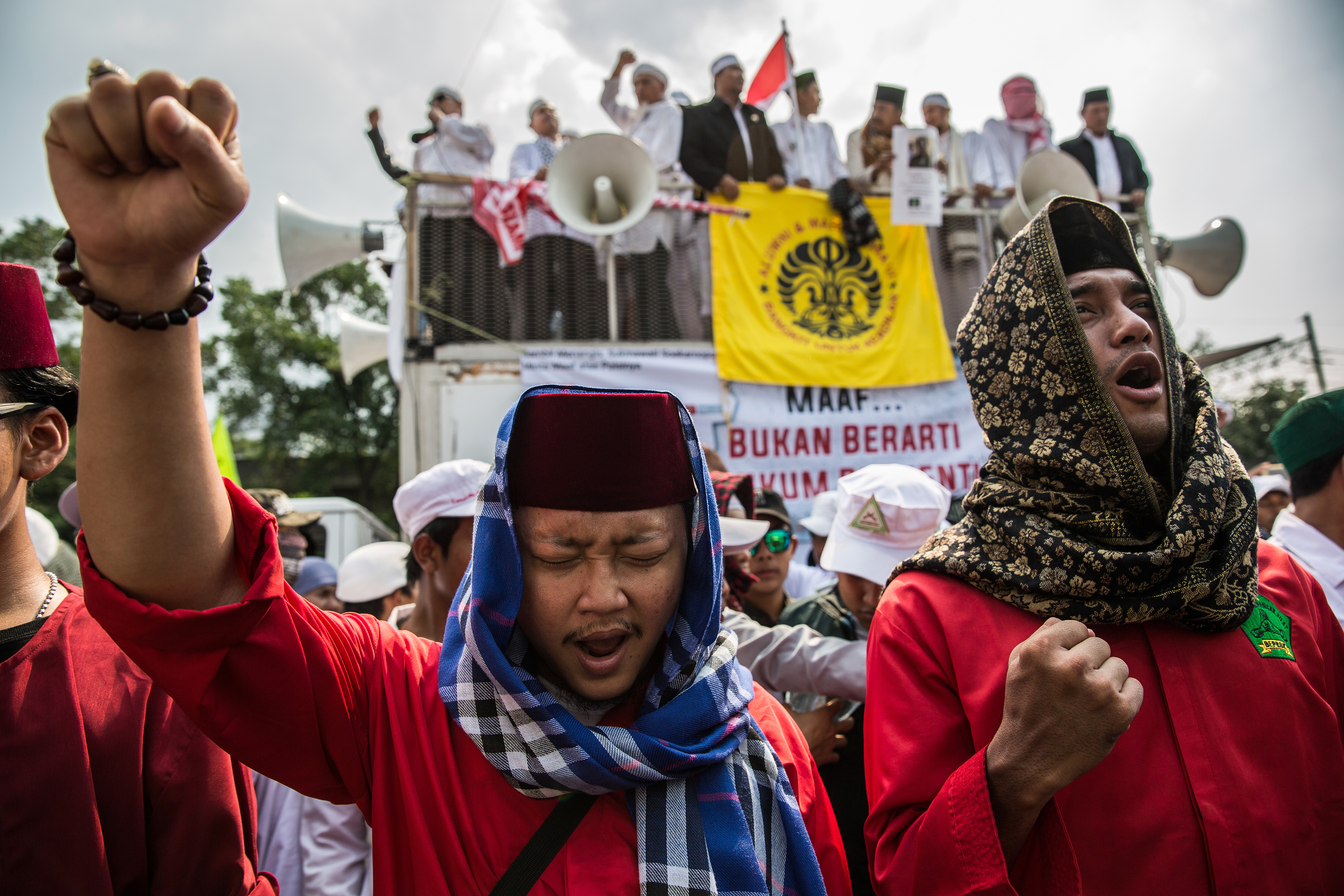 Islamic hard-liners calling for the jailing of the author of a poem they considered insulting to Islam, during a demonstration in Jakarta, Indonesia.