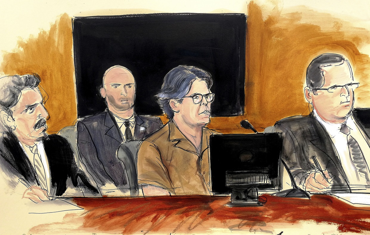 Courtroom sketch showing Keith Raniere, second from right.