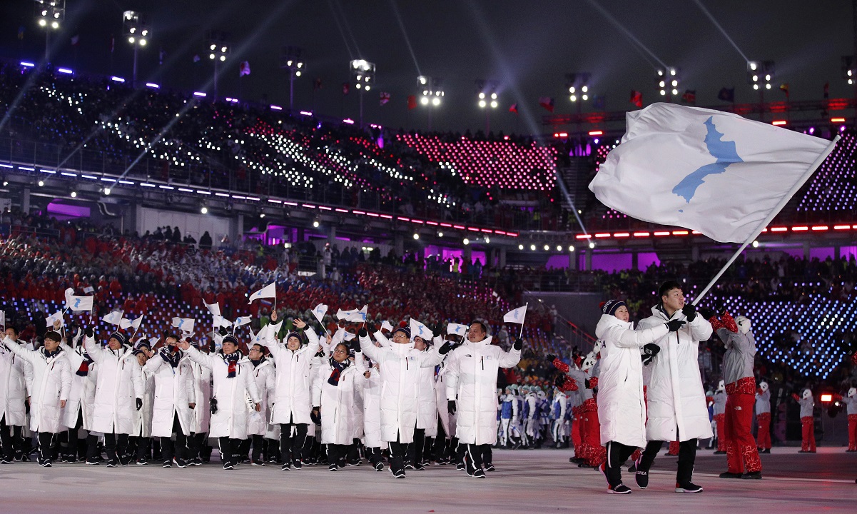 The two Koreas marched under a united flag for the opening ceremony of the 2018 Winter Olympics in Pyeongchang.