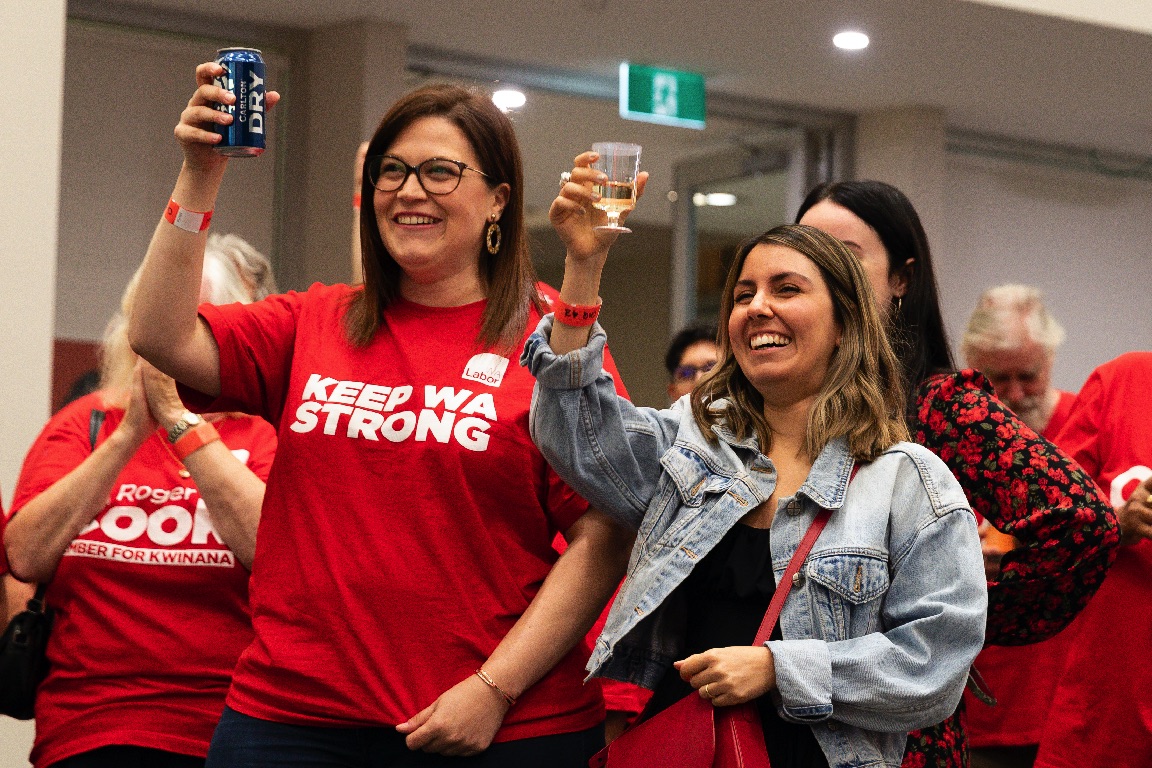 Labor supporters celebrate at the Gary Holland Community Centre in Rockingham.
