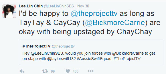 Lee Lin Chin tweets Tyalor Swift