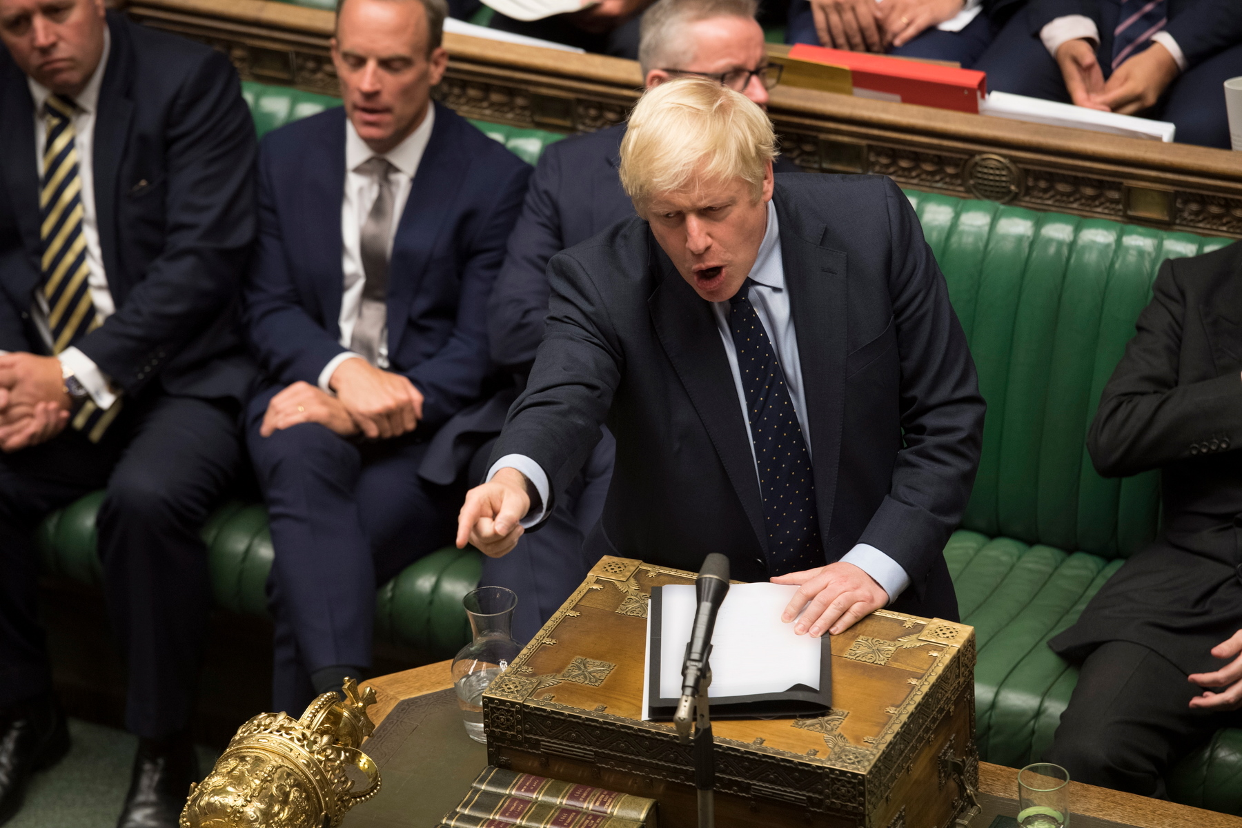 British Prime Minister Boris Johnson gesturing  during a dramatic session in the House of Commons