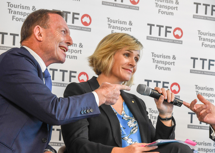 Member for the seat of Warringah Tony Abbott with Independent candidate Zali Steggall at an event in March.