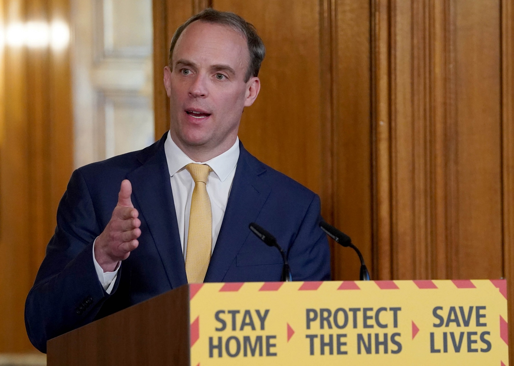 UK Foreign Secretary Dominic Raab during a media briefing in Downing Street.