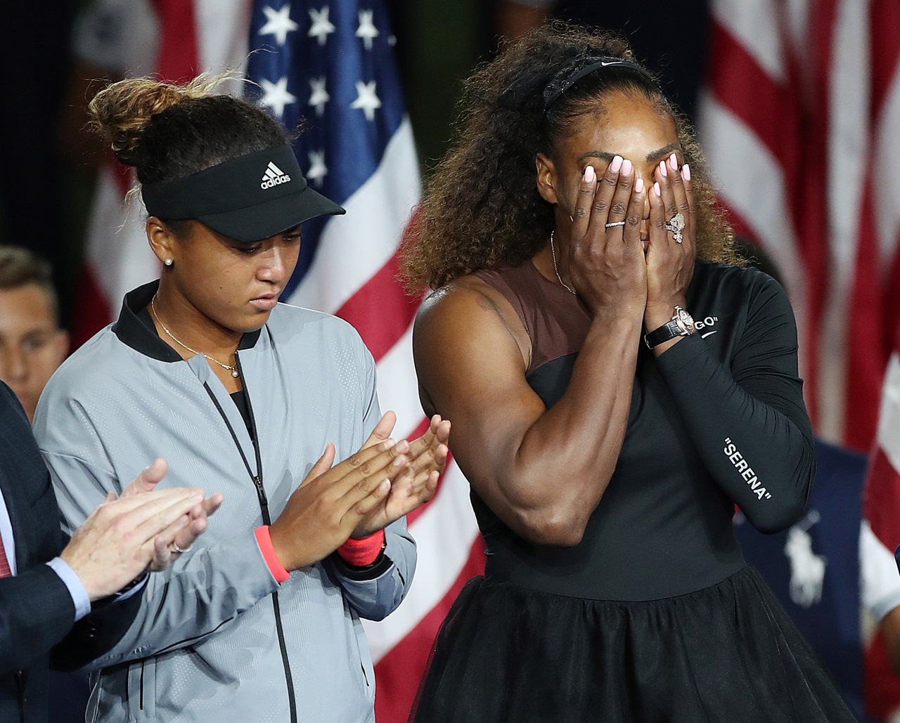 Naomi Osaka of Japan and Serena Williams of the US during the trophy ceremony.