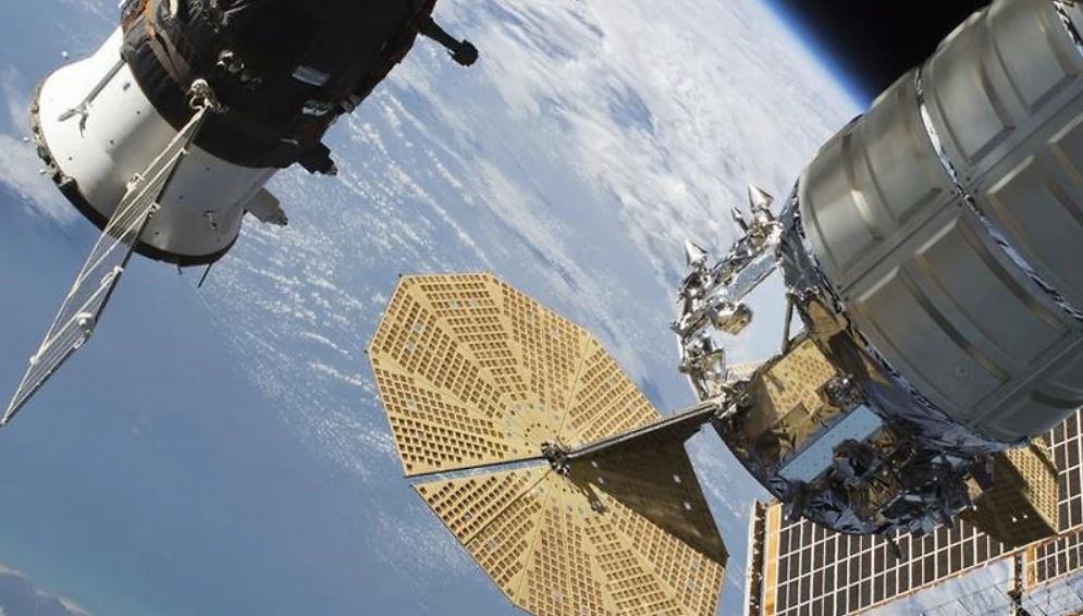 The Russian Soyuz MS-09 crew craft and the Northrop Grumman Cygnus space freighter attached to the International Space Station.