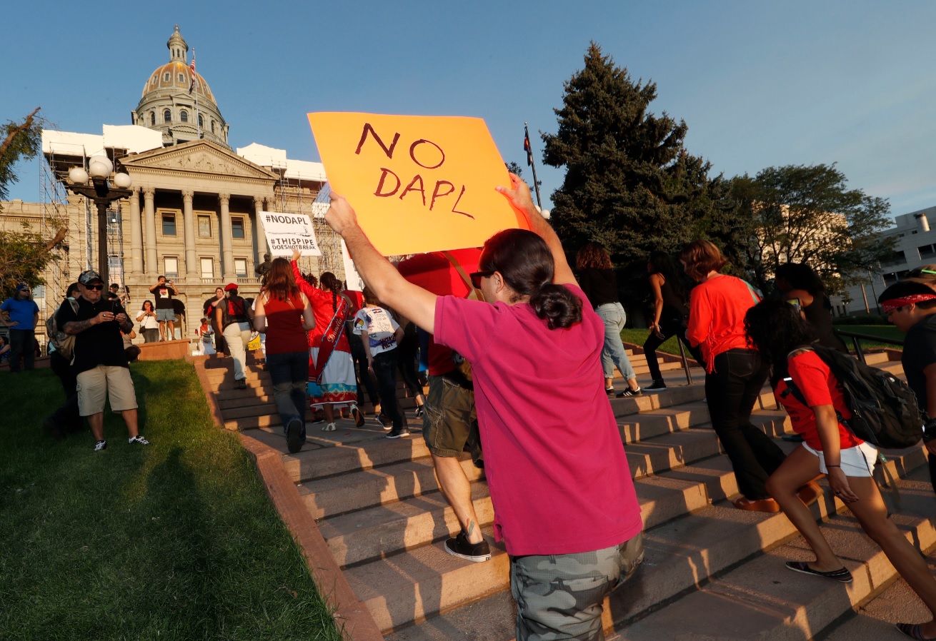 A line of protesters against the construction of the Dakota Access oil pipeline on the Standing Rock Reservation in North Dakota