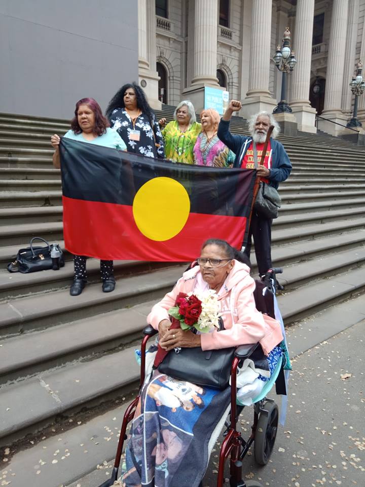 Aunty Lyn (left) with protesters at Victorian Parliament House last year