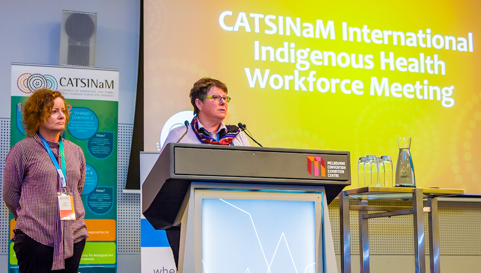 Karel Williams and Ann Kinnear launching the ‘Birthing on Country’ program at the CATSINaM International Indigenous Health Workforce 