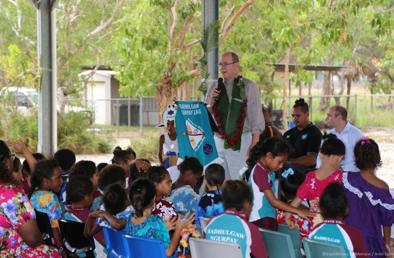 Prince Albert II and Torres Strait Island artist Alick Tipoti 