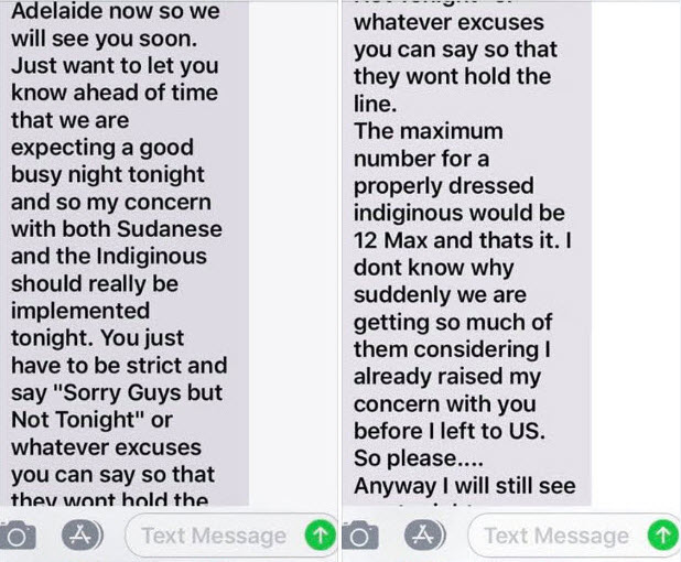 Private messages between managemet and security at the Signature Lounge nightclub in Adelaide.  